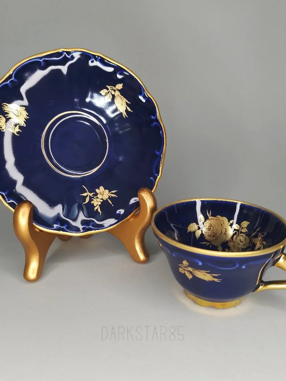 Vintage Bareuther & Co. Waldassen Bavaria Echt Cobalt Floral Teacup and Saucer